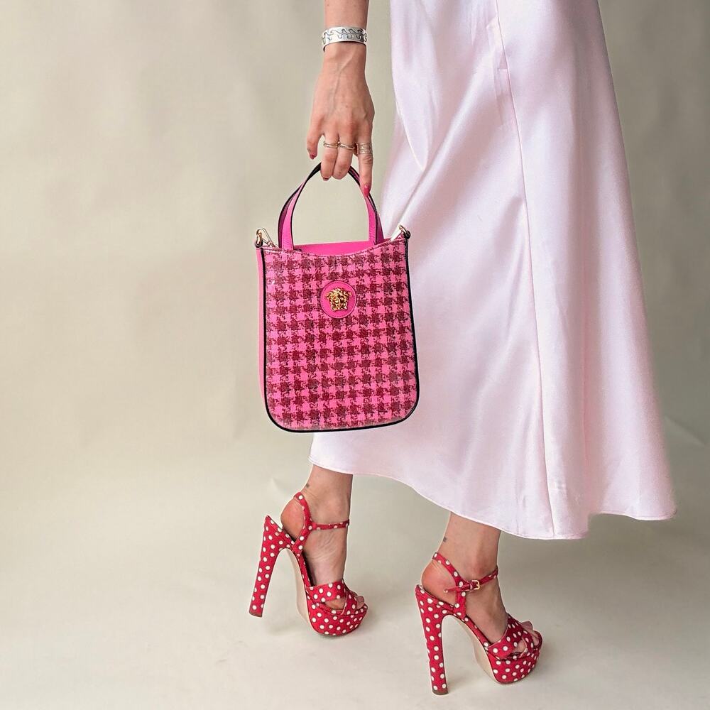 Versace La Medusa Mini Tote - Pink Tweed Vinyl, Calfskin Leather Straps
